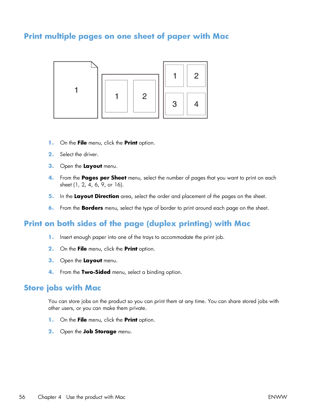 HP Laser M602, Laser M603, Laser M601 manual Print multiple pages on one sheet of paper with Mac, Store jobs with Mac 