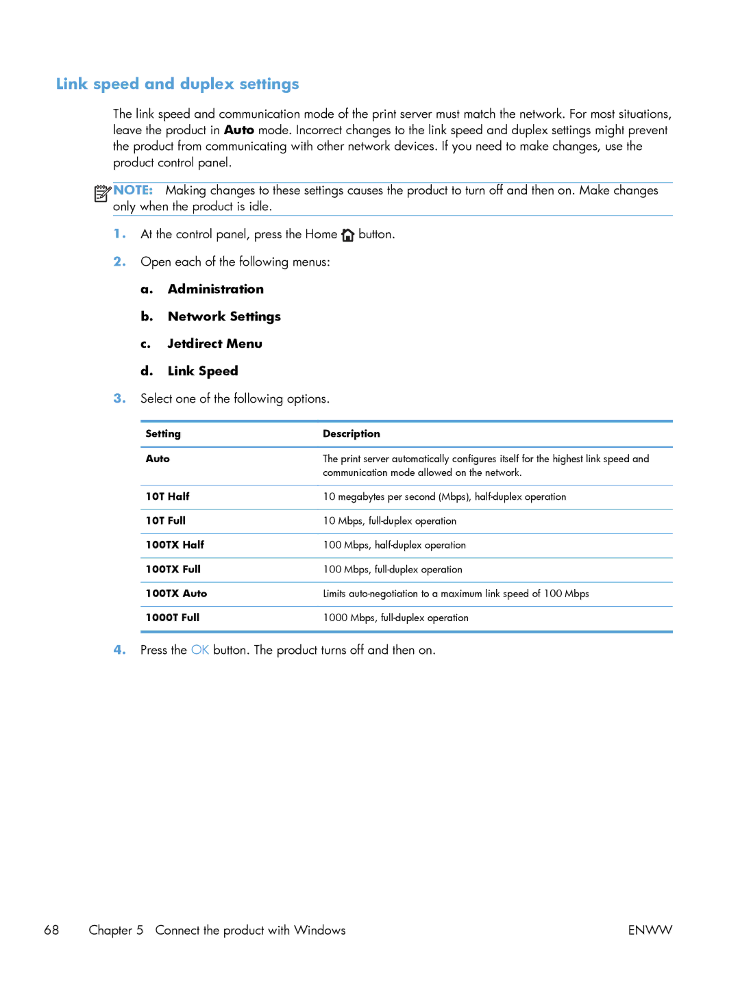 HP Laser M602 manual Link speed and duplex settings, Administration Network Settings Jetdirect Menu Link Speed, 100TX Auto 