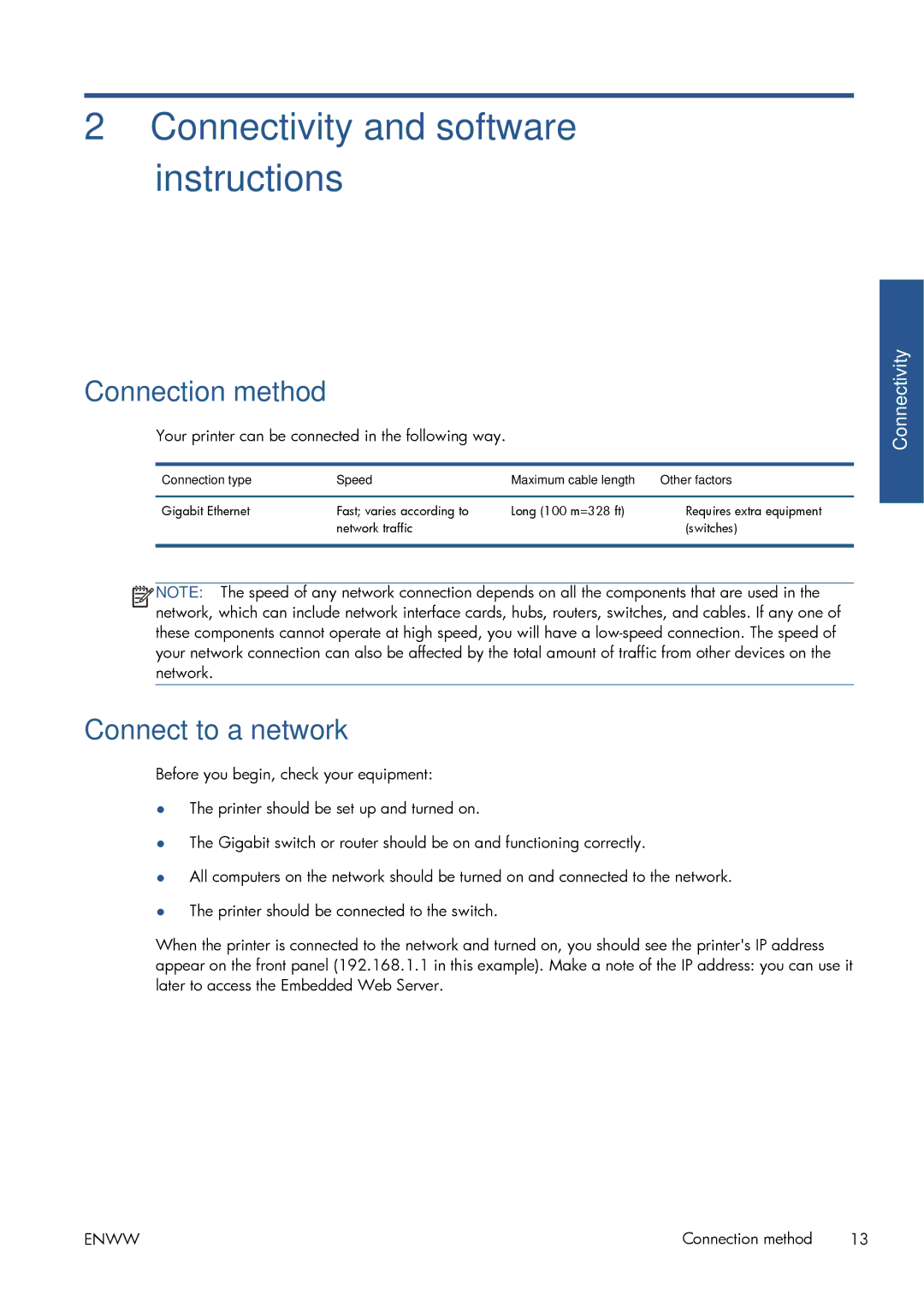 HP Latex 260 61-in Japan ( L26500 61-in Japan ) manual Connectivity and software instructions, Connection method 