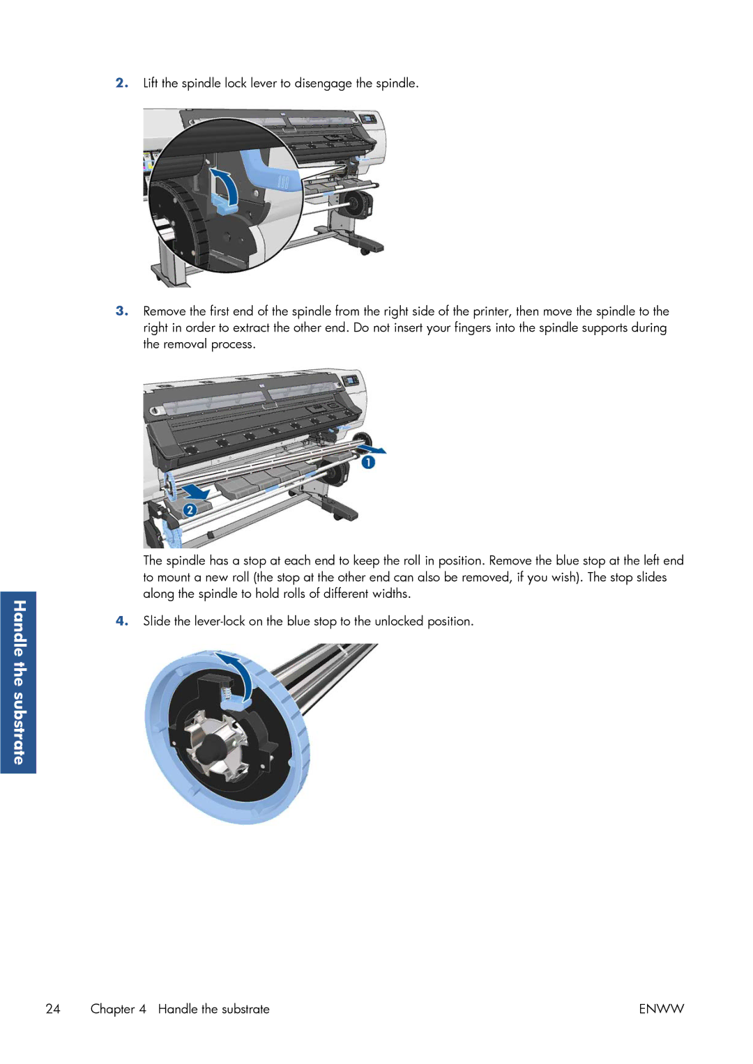 HP Latex 260 61-in ( L26500 61-in ) manual Lift the spindle lock lever to disengage the spindle 