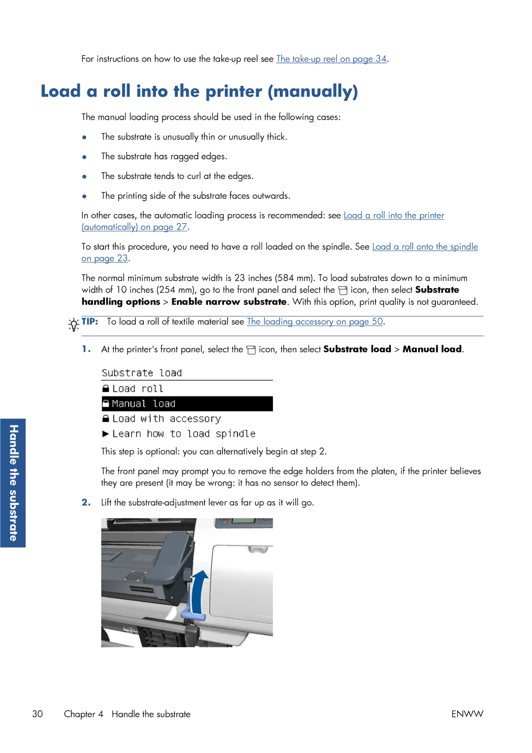 HP Latex 260 61-in ( L26500 61-in ), Latex 260 61-in Japan ( L26500 61-in Japan ) Load a roll into the printer manually 