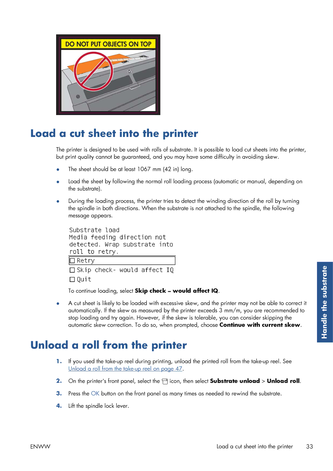 HP Latex 260 61-in Japan ( L26500 61-in Japan ) manual Load a cut sheet into the printer, Unload a roll from the printer 