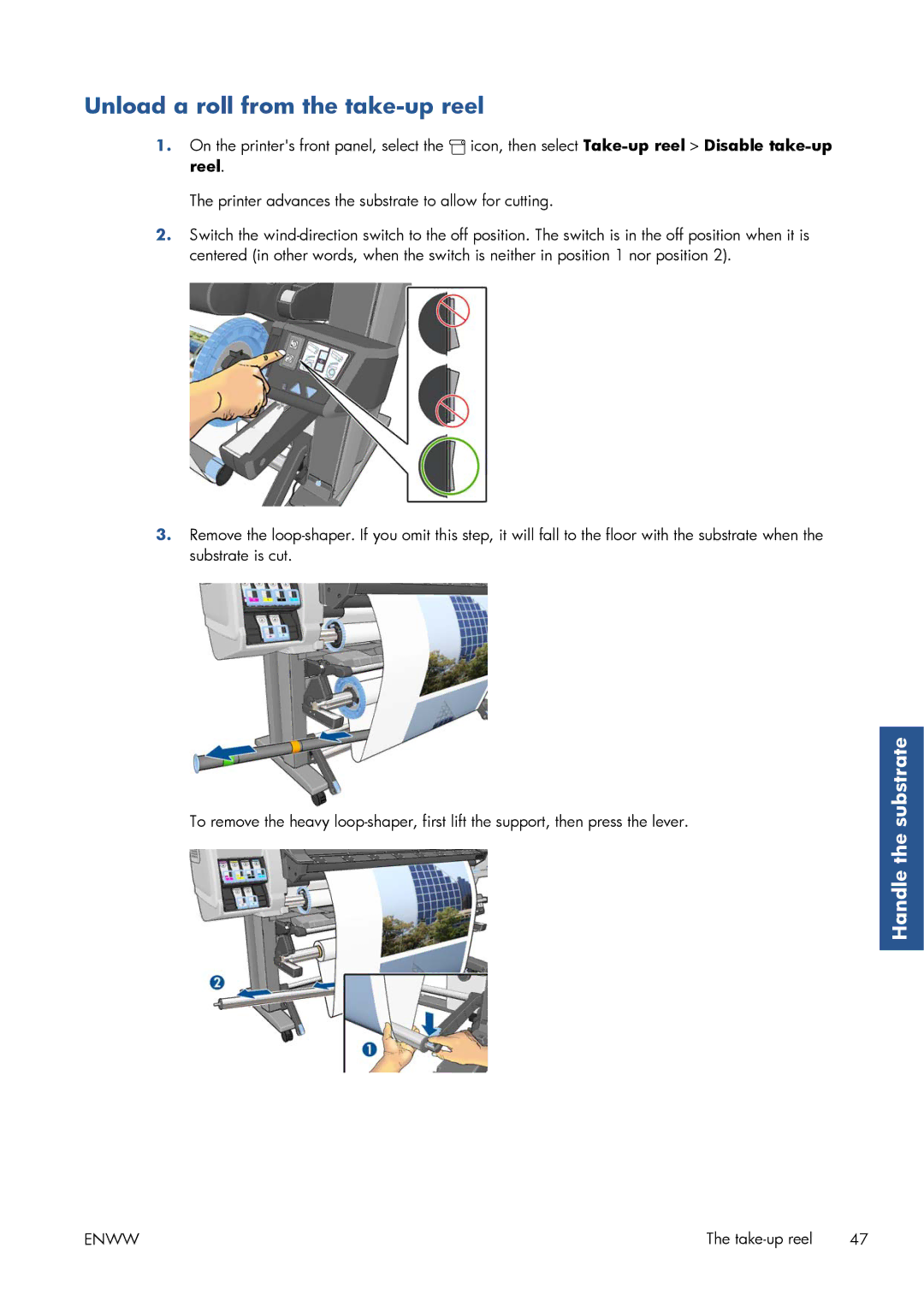 HP Latex 260 61-in Japan ( L26500 61-in Japan ), Latex 260 61-in ( L26500 61-in ) manual Unload a roll from the take-up reel 