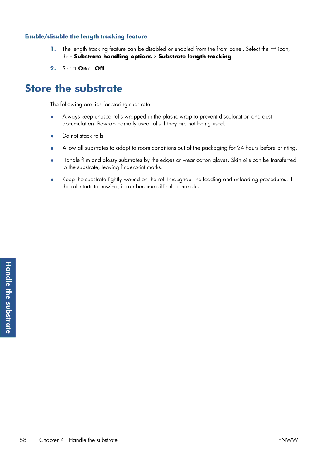 HP Latex 260 61-in ( L26500 61-in ) manual Store the substrate, Enable/disable the length tracking feature 