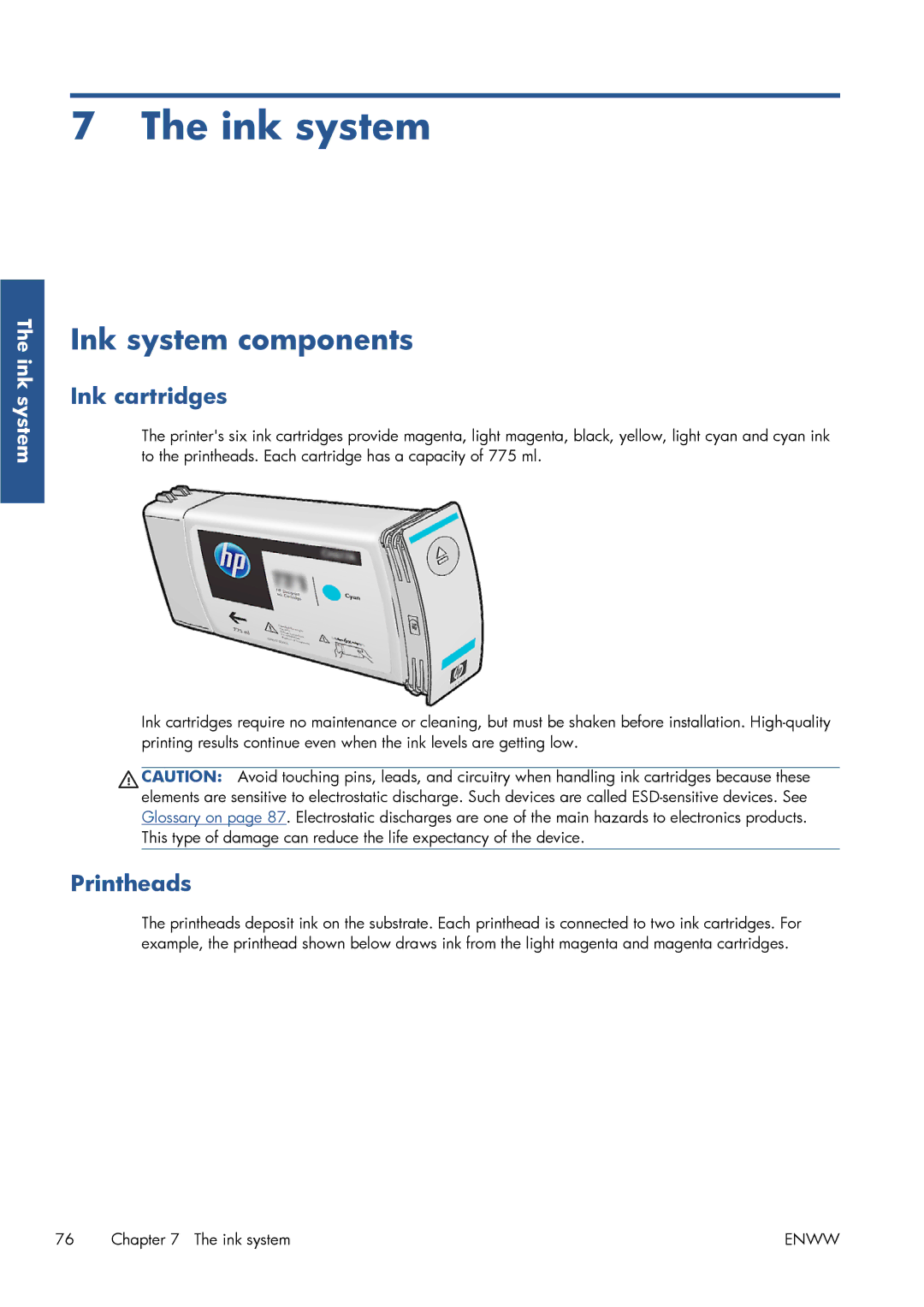 HP Latex 260 61-in ( L26500 61-in ) manual Ink system components, Ink cartridges, Printheads 