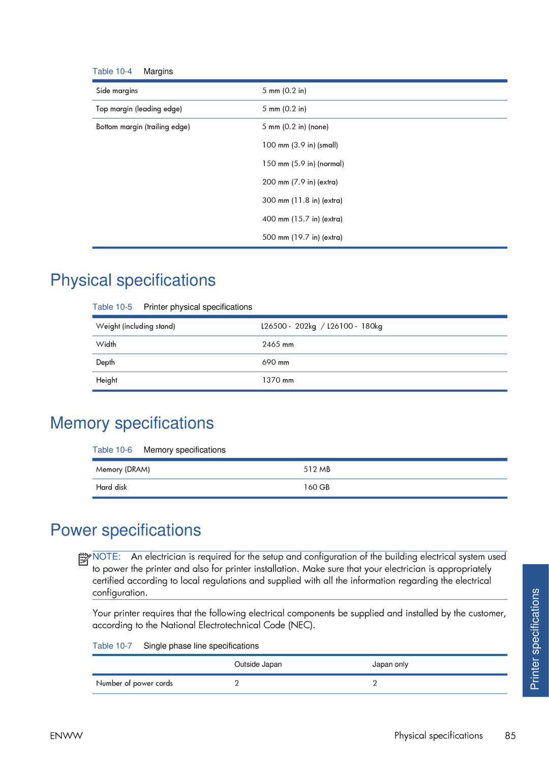 HP Latex 260 61-in Japan ( L26500 61-in Japan ) manual Physical specifications, Memory specifications, Power specifications 