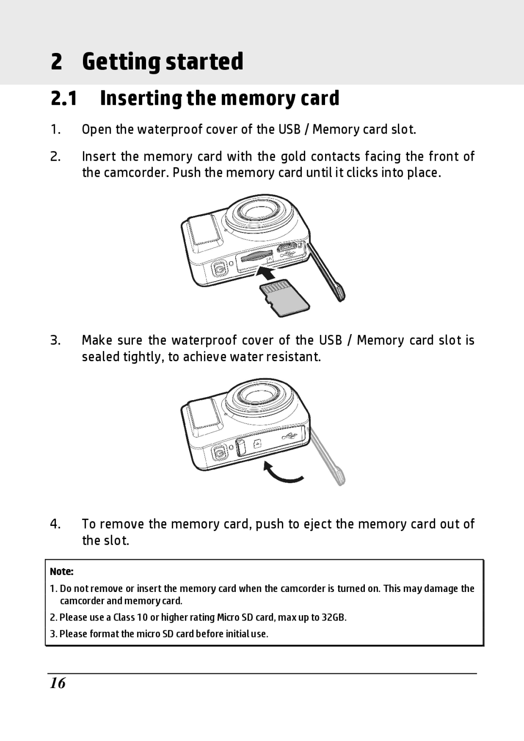 HP LC100W manual Inserting the memory card, Open the waterproof cover of the USB / Memory card slot 