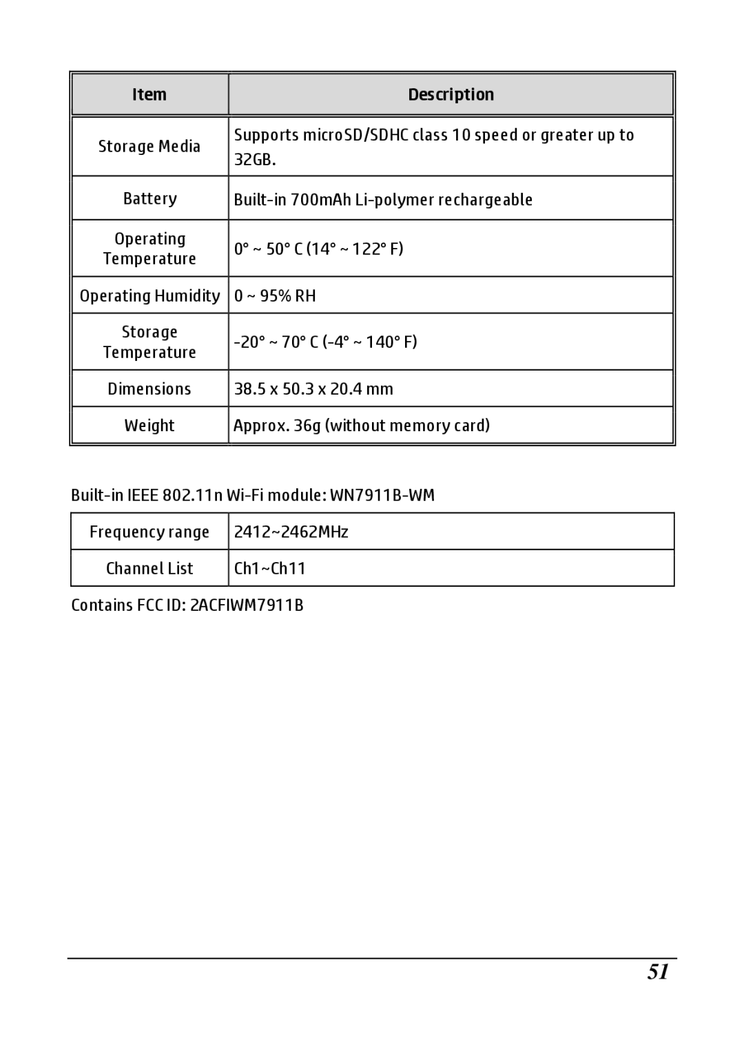 HP LC100W 32GB, Built-in 700mAh Li-polymer rechargeable, ~ 50 C 14 ~ 122 F, ~ 95% RH, 20 ~ 70 C -4 ~ 140 F, 2412~2462MHz 