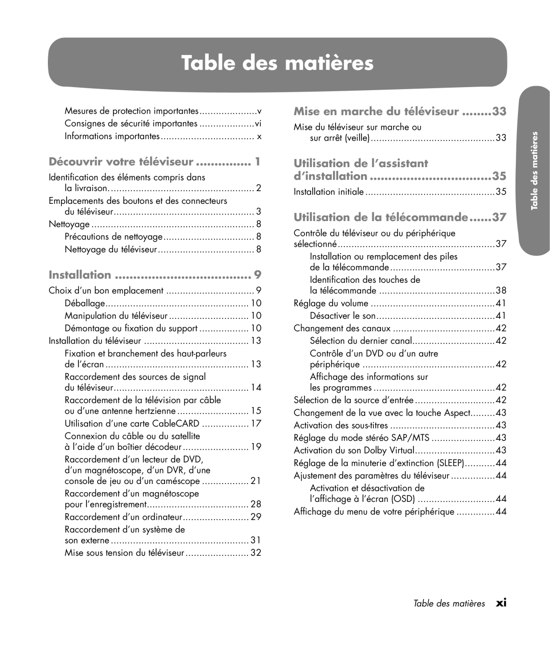 HP LC3200N 32 inch manual Table des matières, Découvrir votre téléviseur 