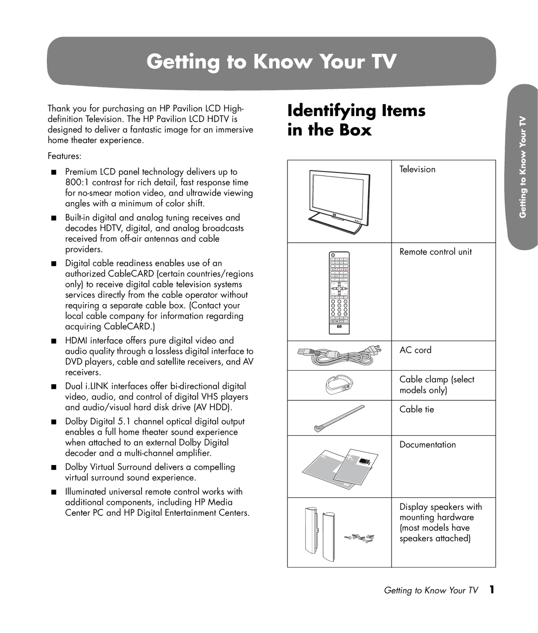 HP LC3200N 32 inch manual Getting to Know Your TV, Identifying Items in the Box 