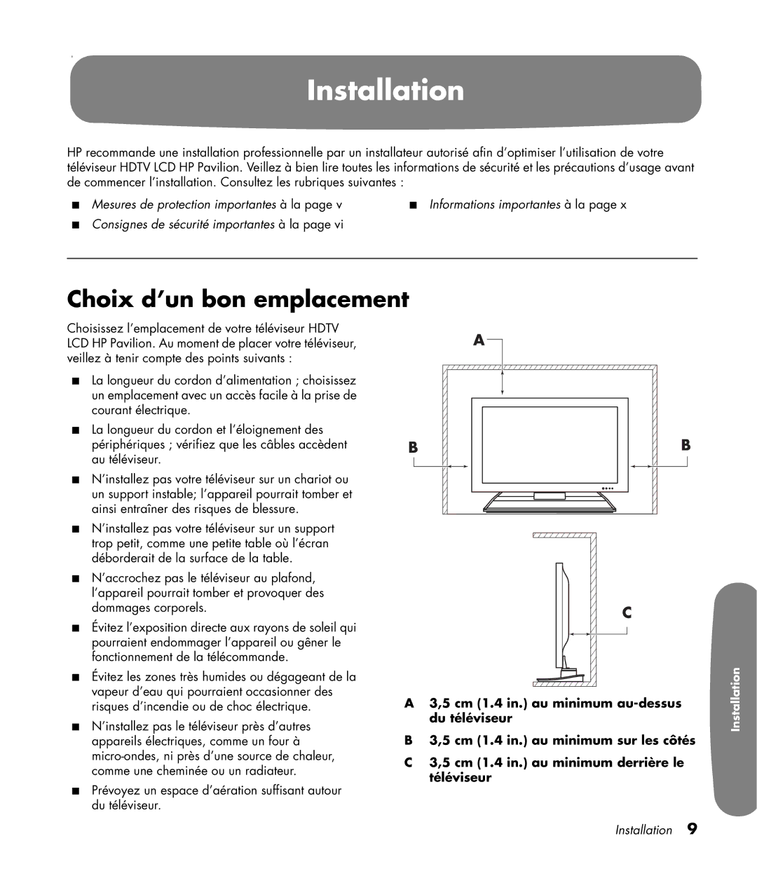 HP LC3200N 32 inch manual Installation, Choix d’un bon emplacement 