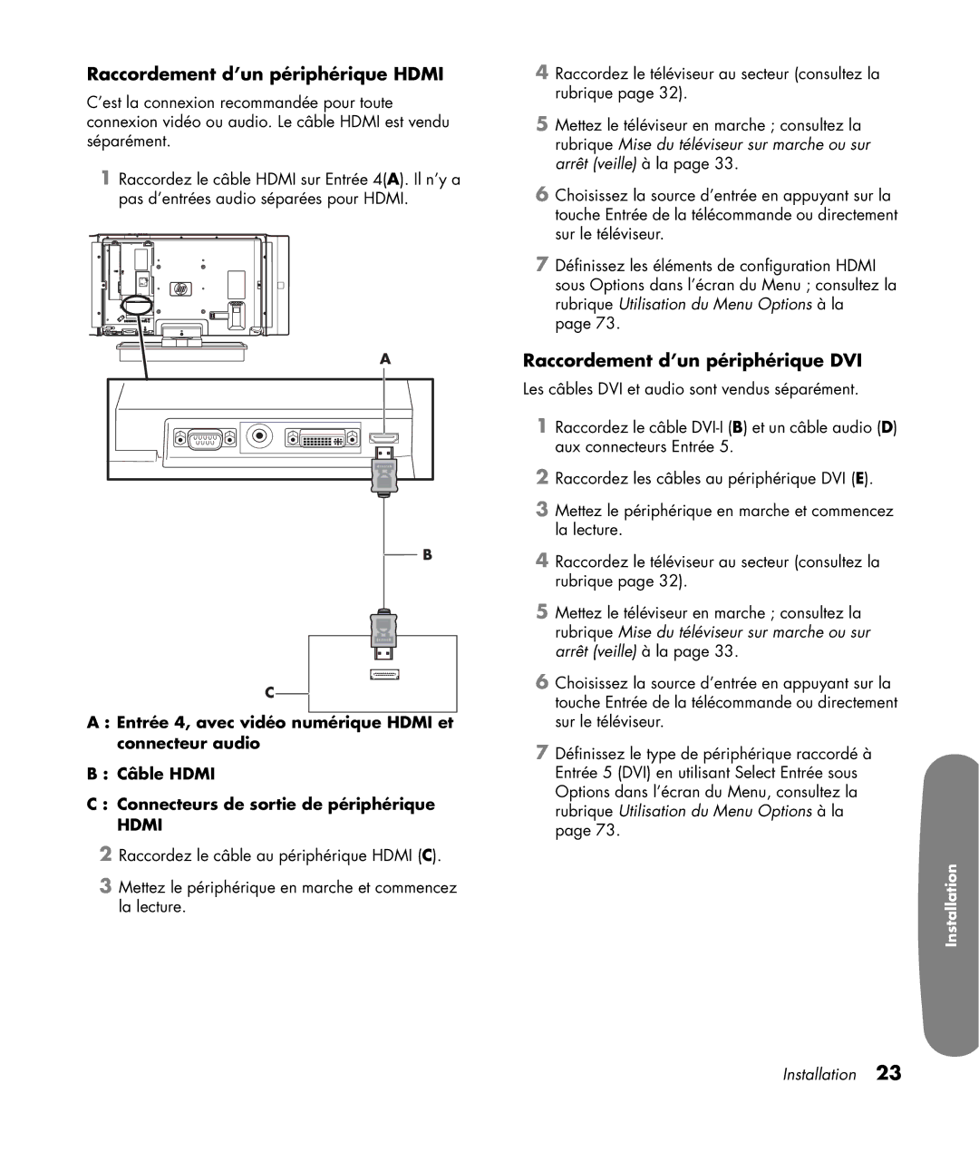 HP LC3200N 32 inch manual Raccordement d’un périphérique Hdmi, Raccordement d’un périphérique DVI 