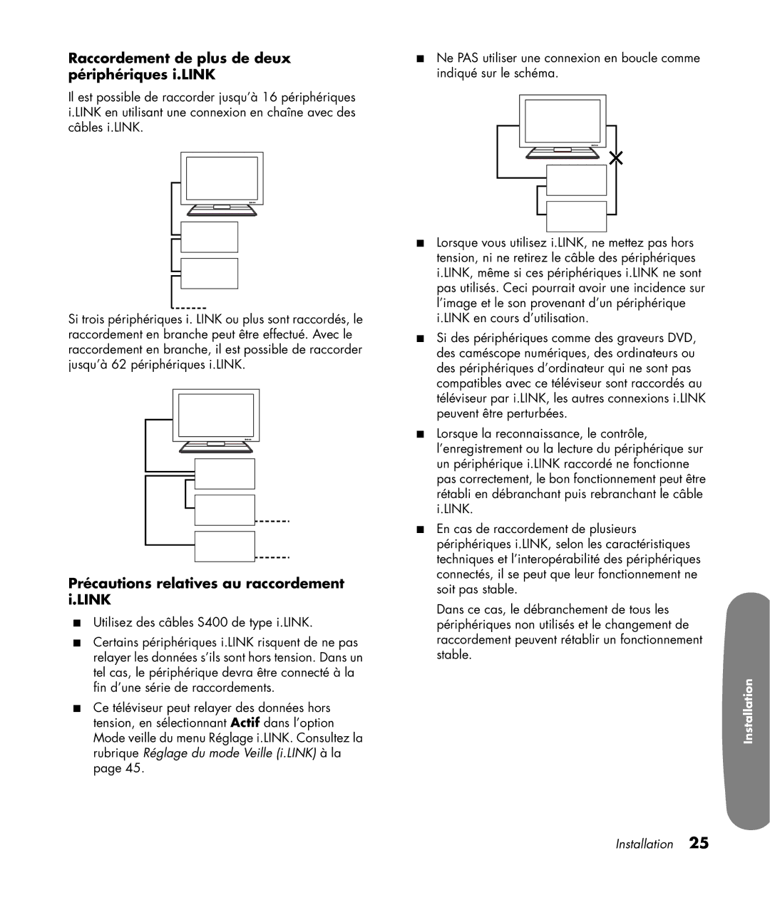 HP LC3200N 32 inch manual Raccordement de plus de deux périphériques i.LINK, Précautions relatives au raccordement i.LINK 