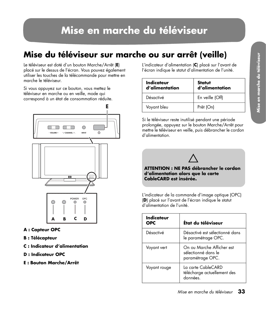 HP LC3200N 32 inch manual Mise en marche du téléviseur, Mise du téléviseur sur marche ou sur arrêt veille, Indicateur 