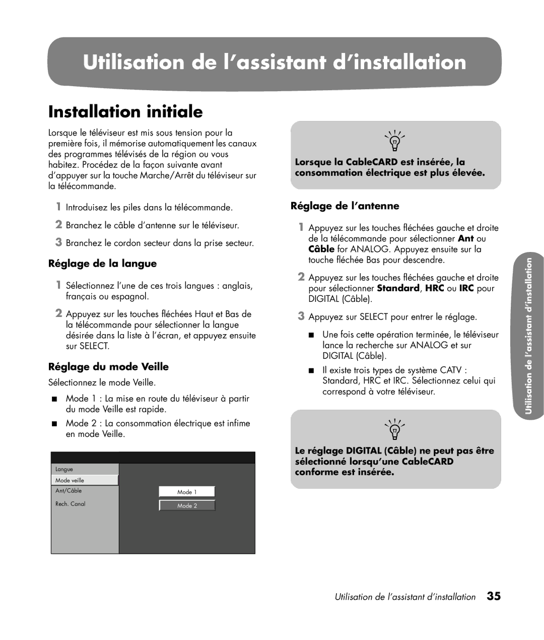 HP LC3200N 32 inch manual Utilisation de l’assistant d’installation, Installation initiale, Réglage de la langue 