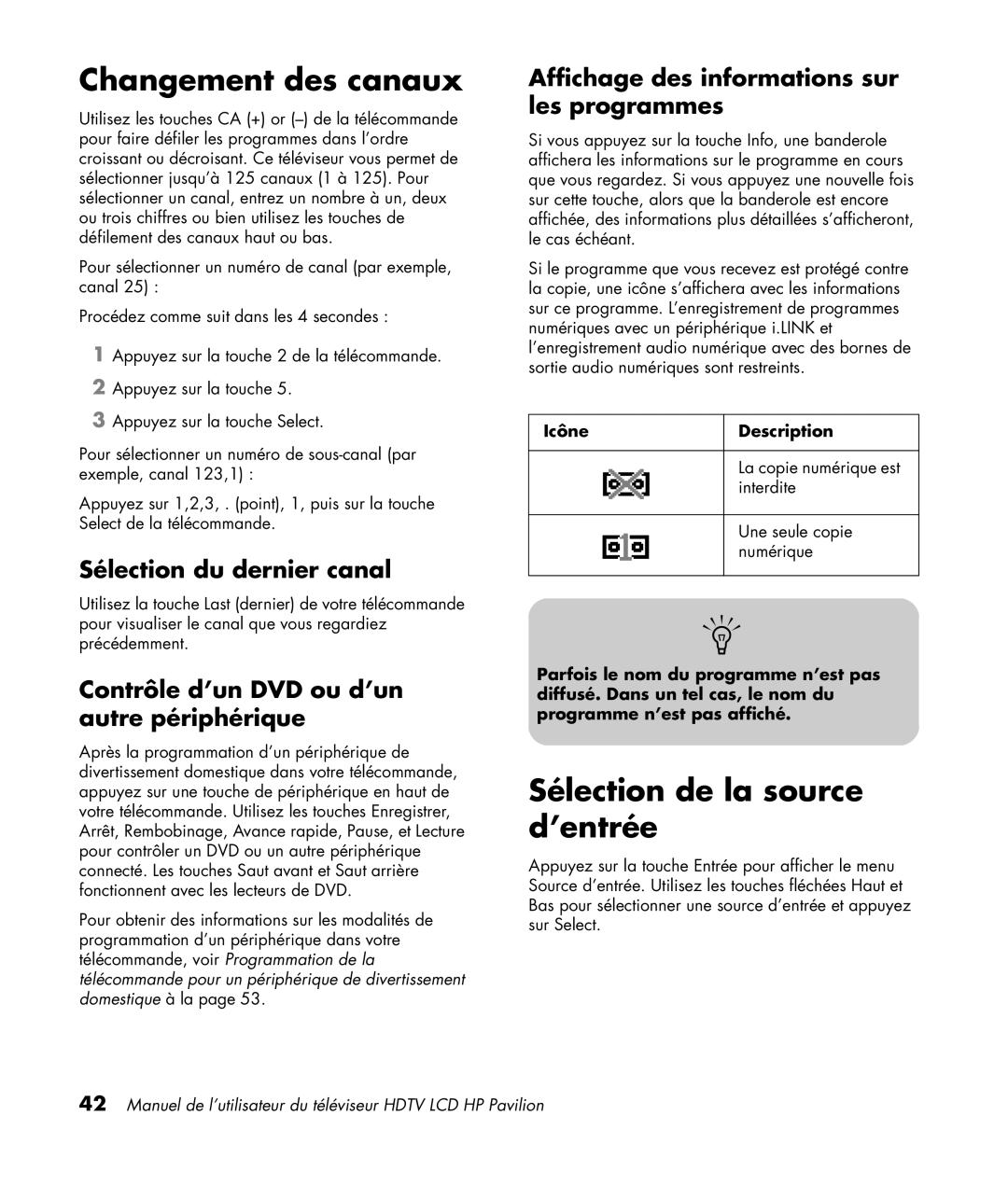 HP LC3200N 32 inch manual Changement des canaux, Sélection de la source d’entrée, Sélection du dernier canal 