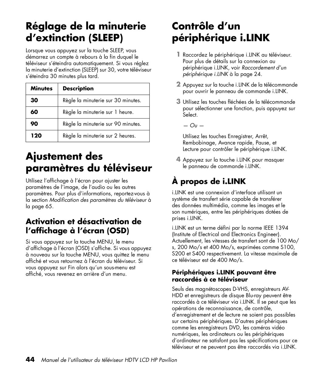 HP LC3200N 32 inch Réglage de la minuterie d’extinction Sleep, Ajustement des paramètres du téléviseur, Propos de i.LINK 