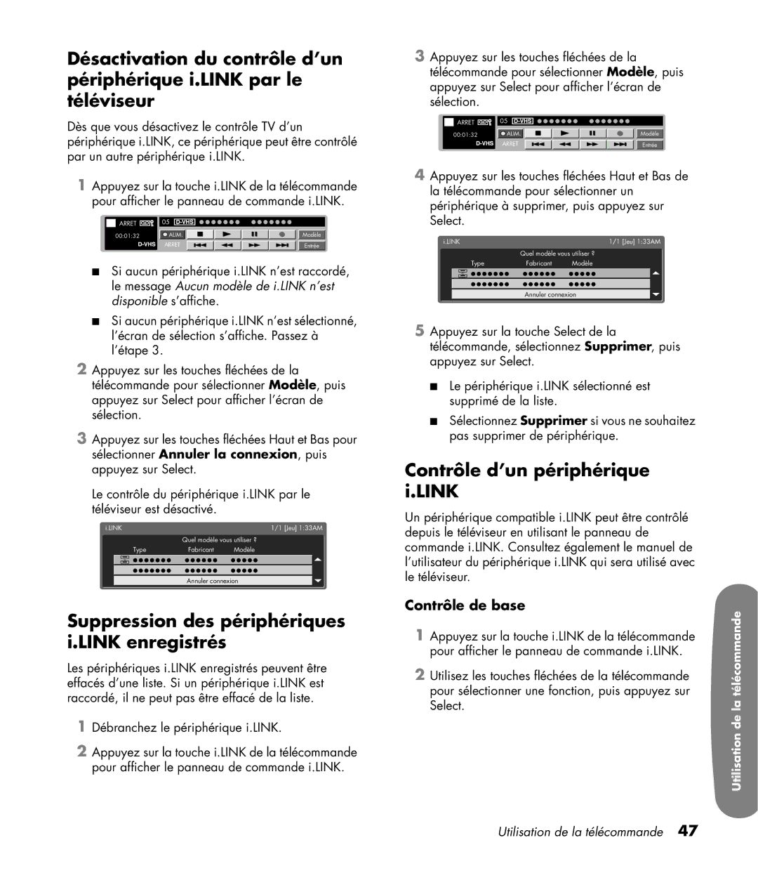 HP LC3200N 32 inch Suppression des périphériques i.LINK enregistrés, Contrôle d’un périphérique i.LINK, Contrôle de base 