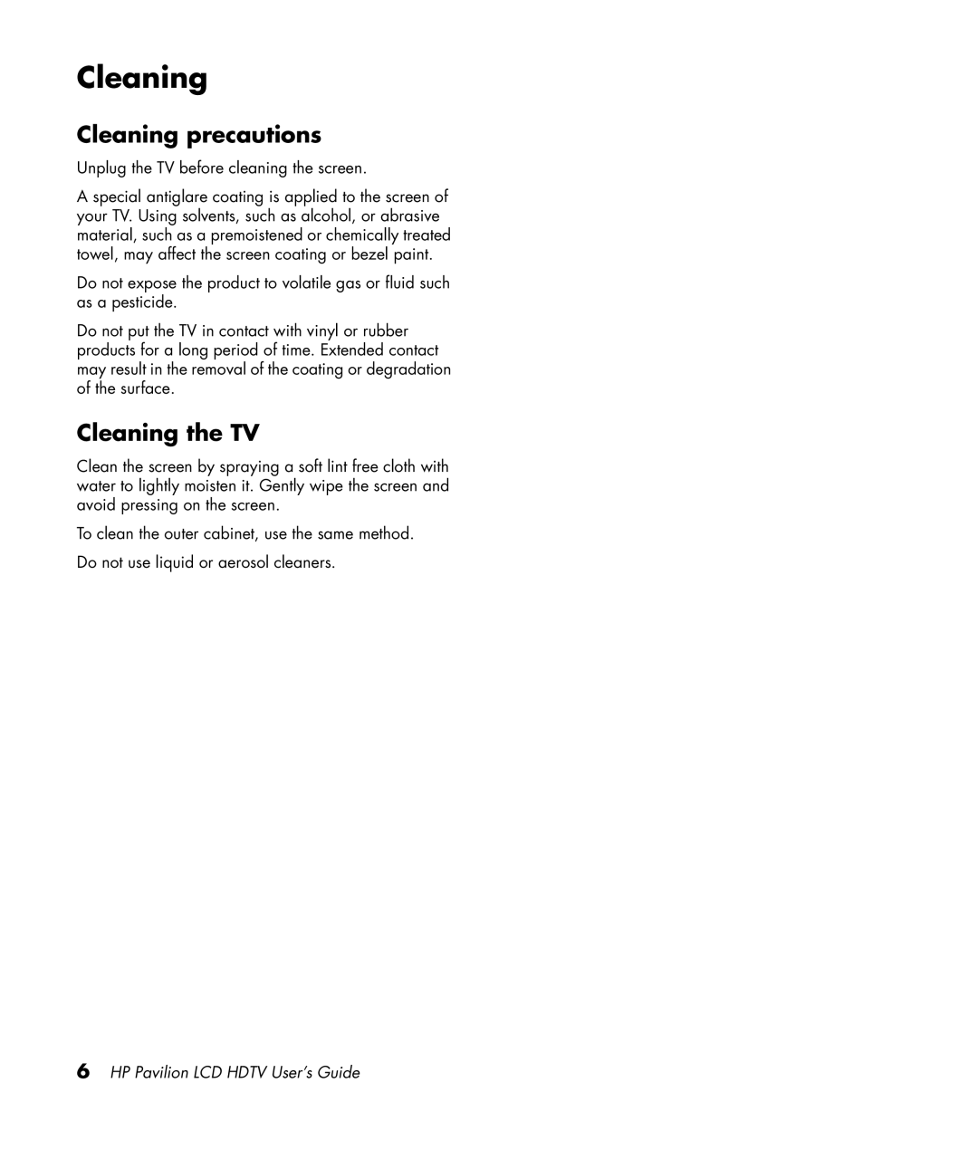 HP LC3200N 32 inch manual Cleaning precautions, Cleaning the TV 