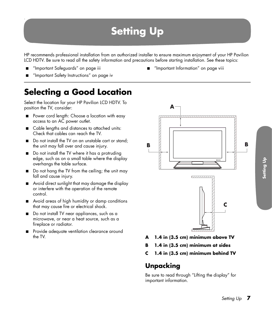 HP LC3200N 32 inch manual Setting Up, Selecting a Good Location, Unpacking 