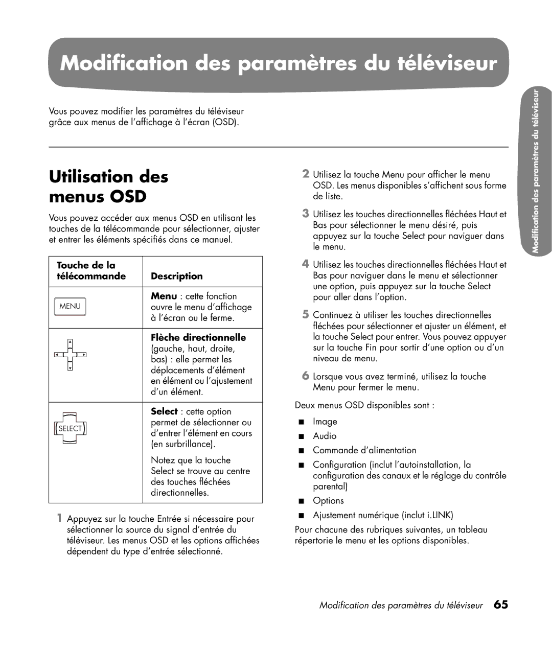 HP LC3200N 32 inch manual Modification des paramètres du téléviseur, Utilisation des menus OSD, Flèche directionnelle 