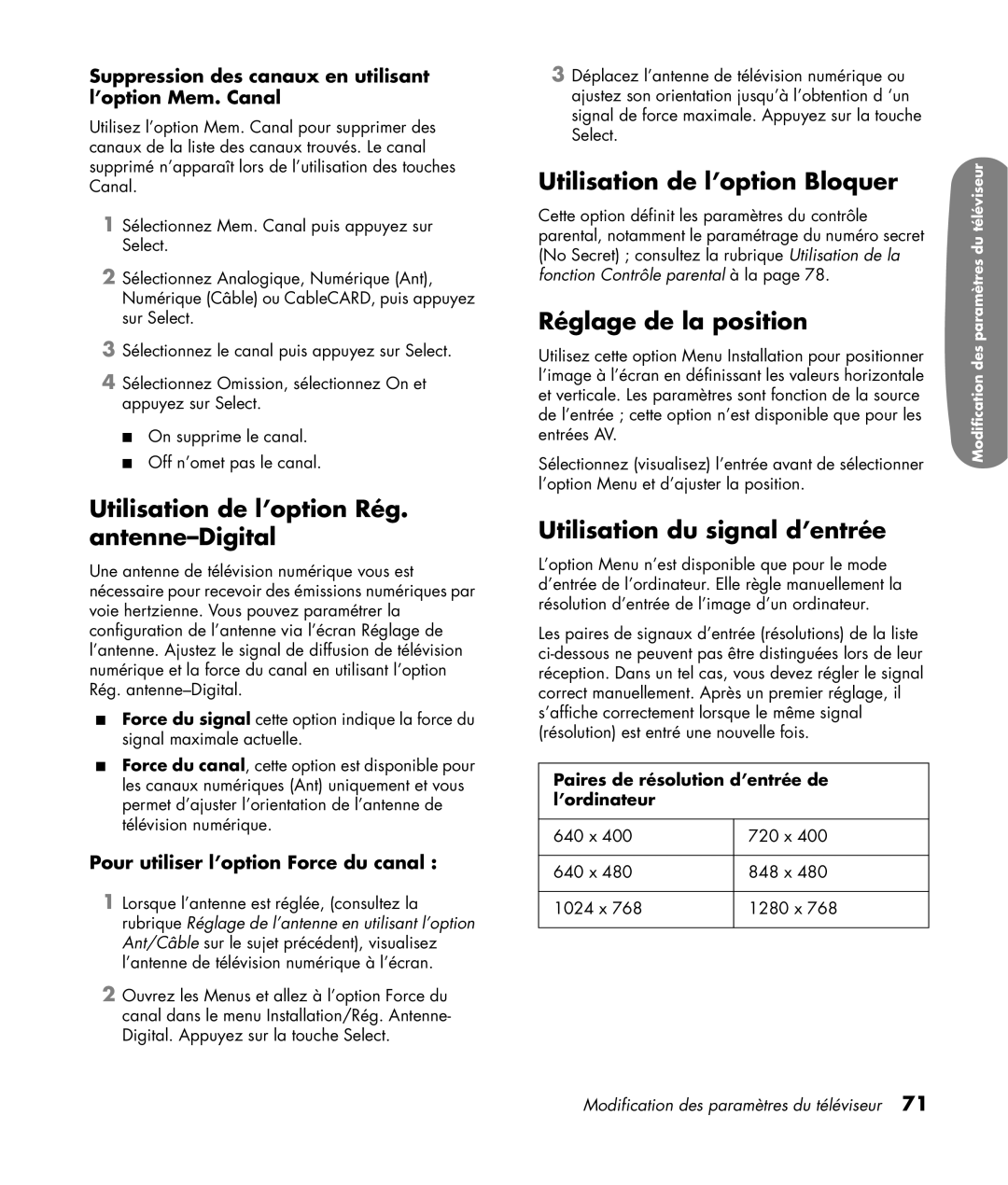 HP LC3200N 32 inch Utilisation de l’option Rég. antenne-Digital, Utilisation de l’option Bloquer, Réglage de la position 