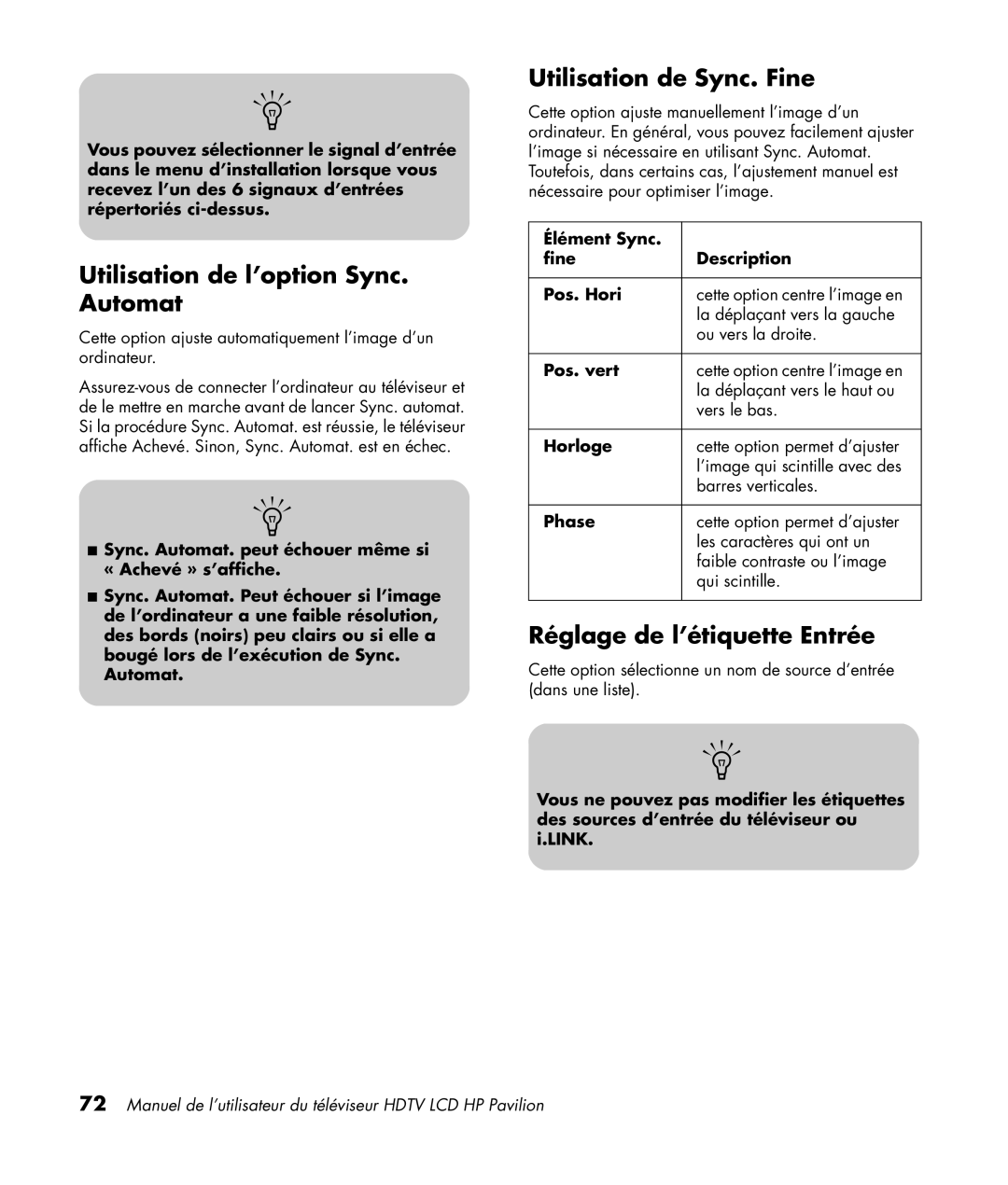 HP LC3200N 32 inch manual Utilisation de l’option Sync. Automat, Utilisation de Sync. Fine, Réglage de l’étiquette Entrée 