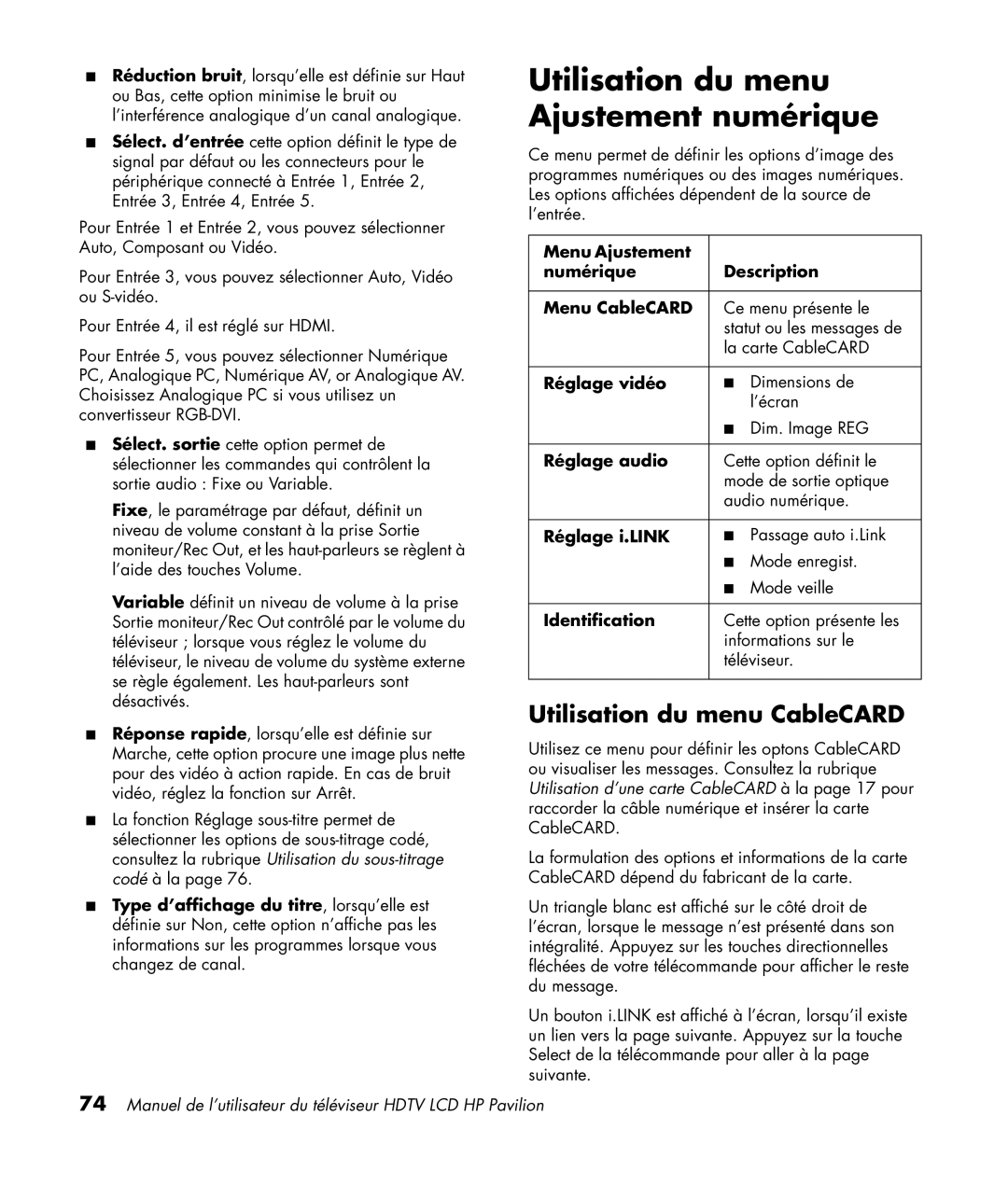 HP LC3200N 32 inch manual Utilisation du menu Ajustement numérique, Utilisation du menu CableCARD 