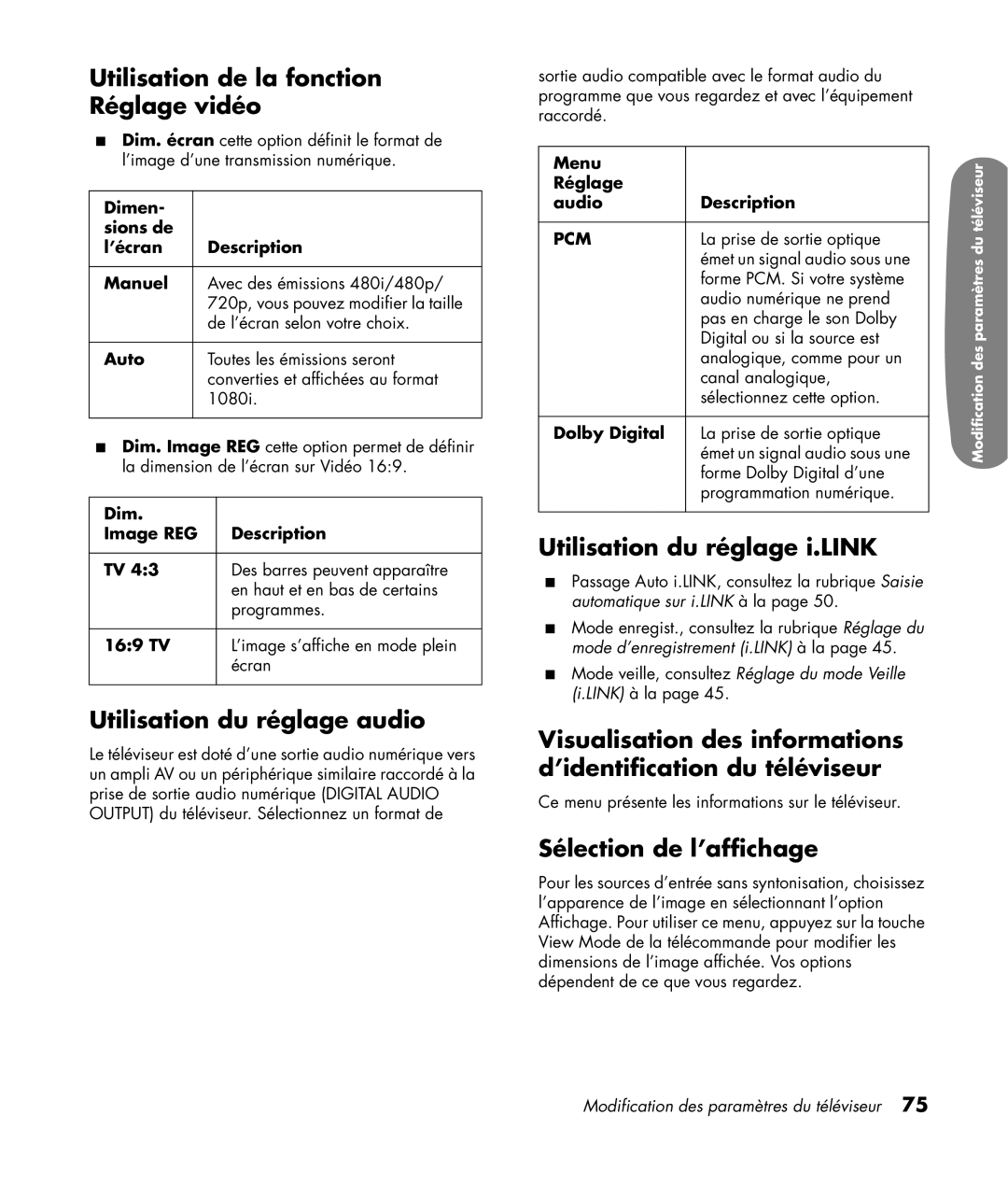 HP LC3200N 32 inch Utilisation de la fonction Réglage vidéo, Utilisation du réglage audio, Utilisation du réglage i.LINK 