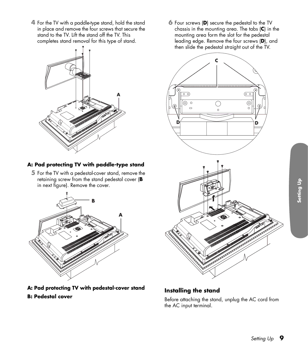 HP LC3200N 32 inch manual Installing the stand, Pad protecting TV with paddle-type stand 