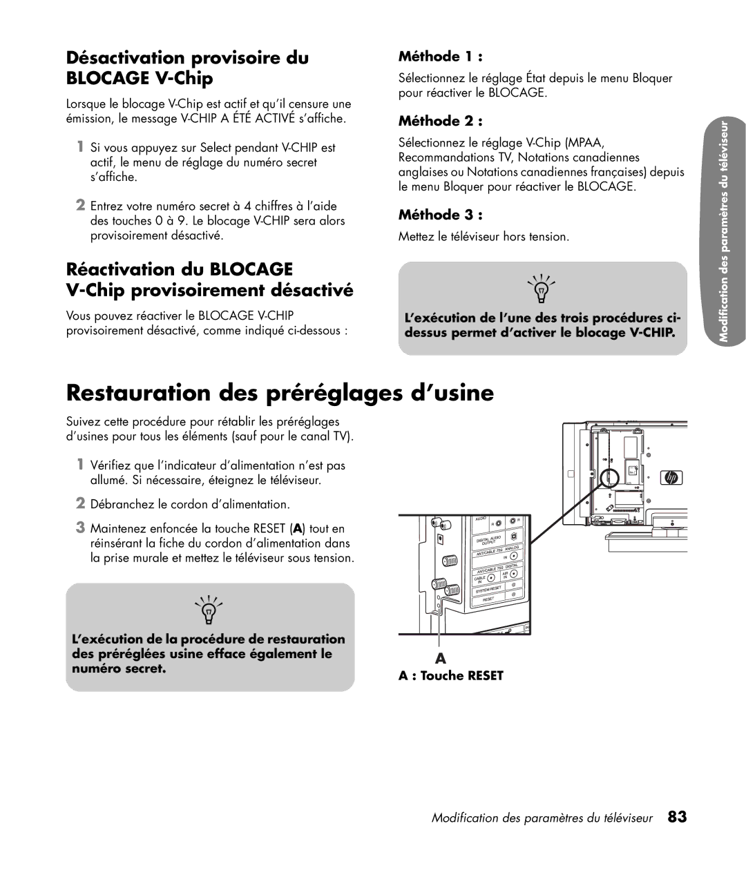 HP LC3200N 32 inch manual Restauration des préréglages d’usine, Désactivation provisoire du Blocage V-Chip, Méthode 