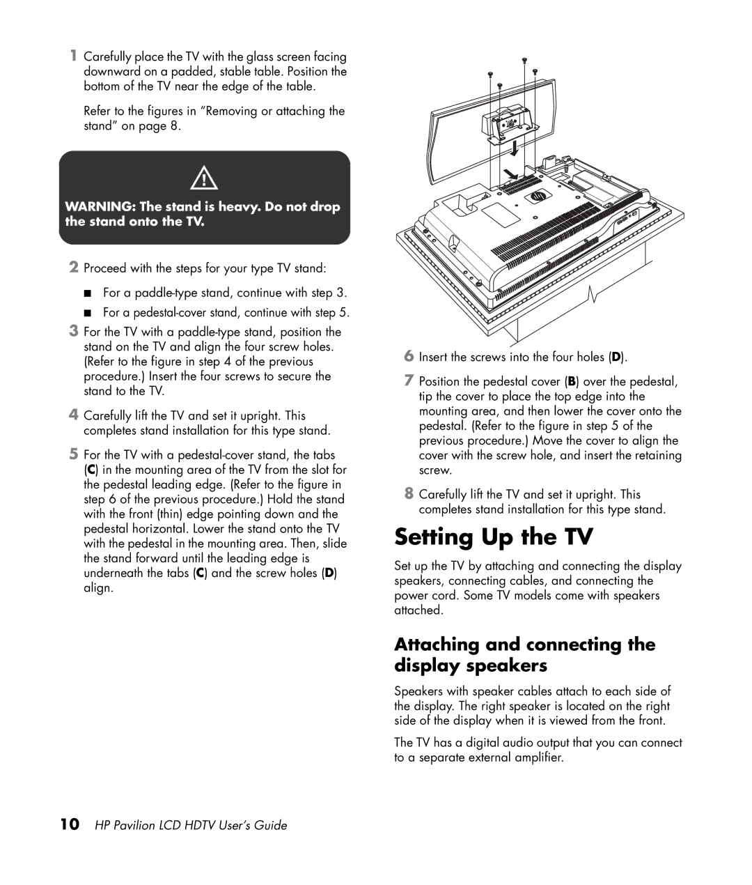 HP LC3200N 32 inch manual Setting Up the TV, Attaching and connecting the display speakers 