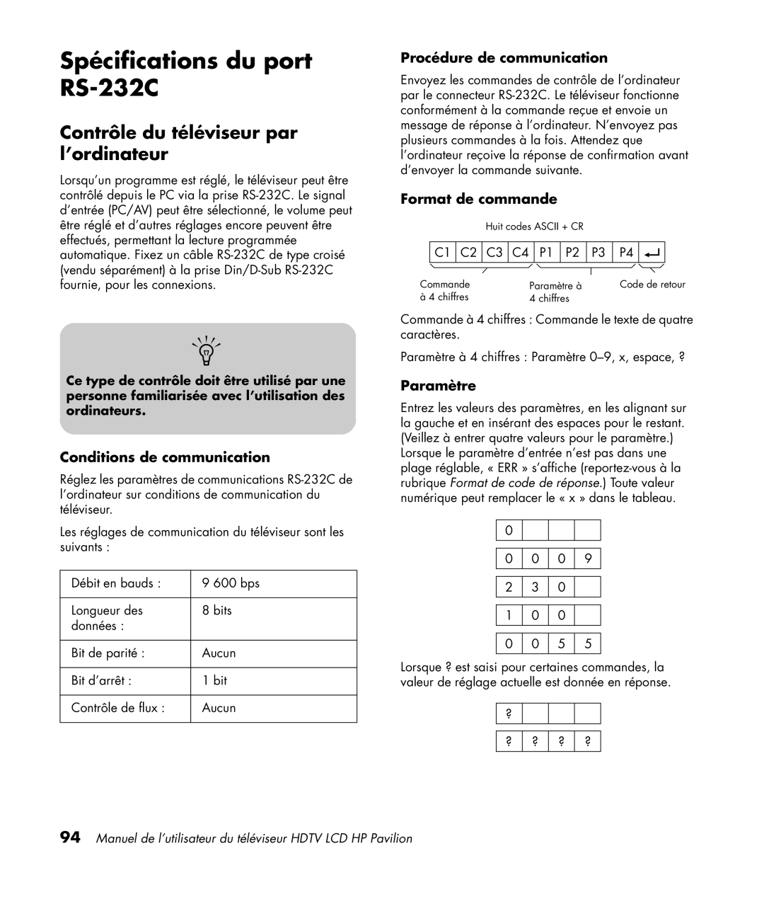 HP LC3200N 32 inch manual Spécifications du port RS-232C, Contrôle du téléviseur par l’ordinateur 