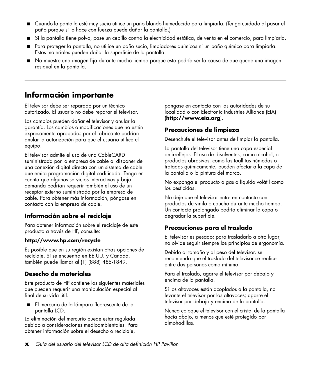 HP LC3200N 32 inch Información importante, Información sobre el reciclaje, Desecho de materiales, Precauciones de limpieza 