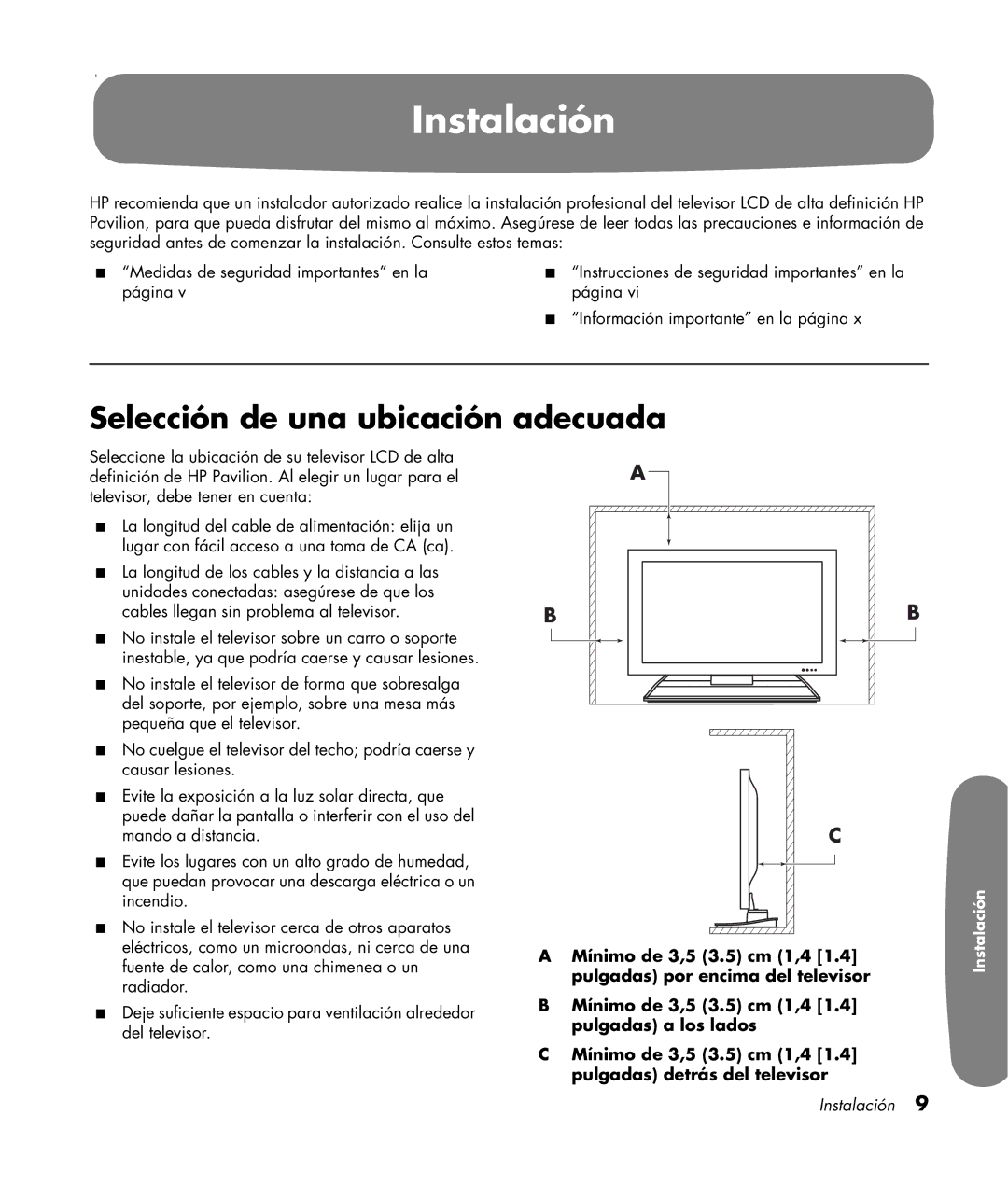 HP LC3200N 32 inch manual Instalación, Selección de una ubicación adecuada 