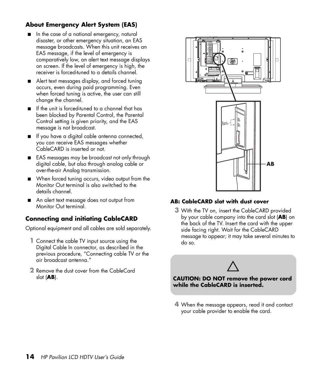 HP LC3200N 32 inch manual About Emergency Alert System EAS, Connecting and initiating CableCARD 