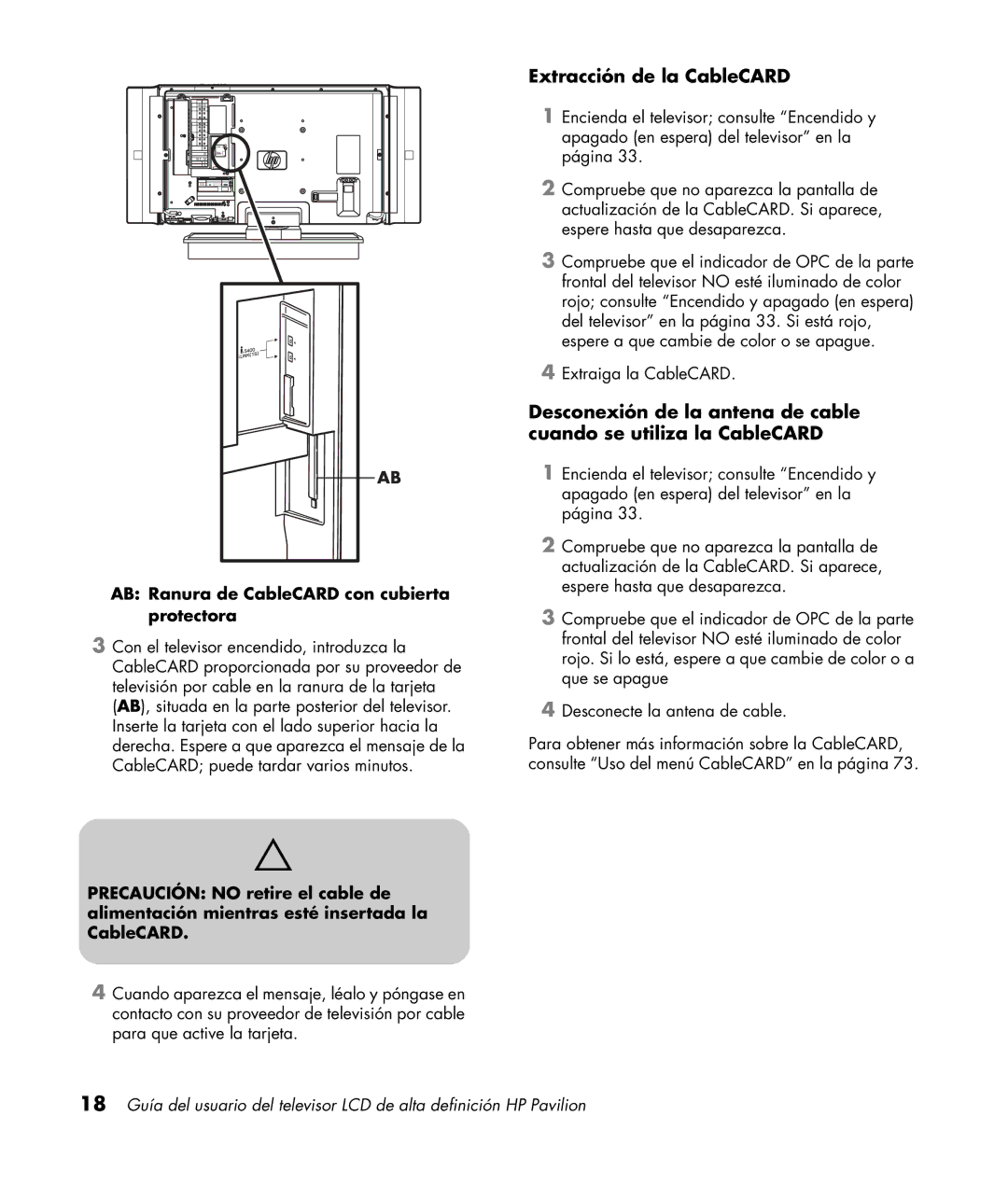 HP LC3200N 32 inch manual Extracción de la CableCARD, AB Ranura de CableCARD con cubierta protectora 