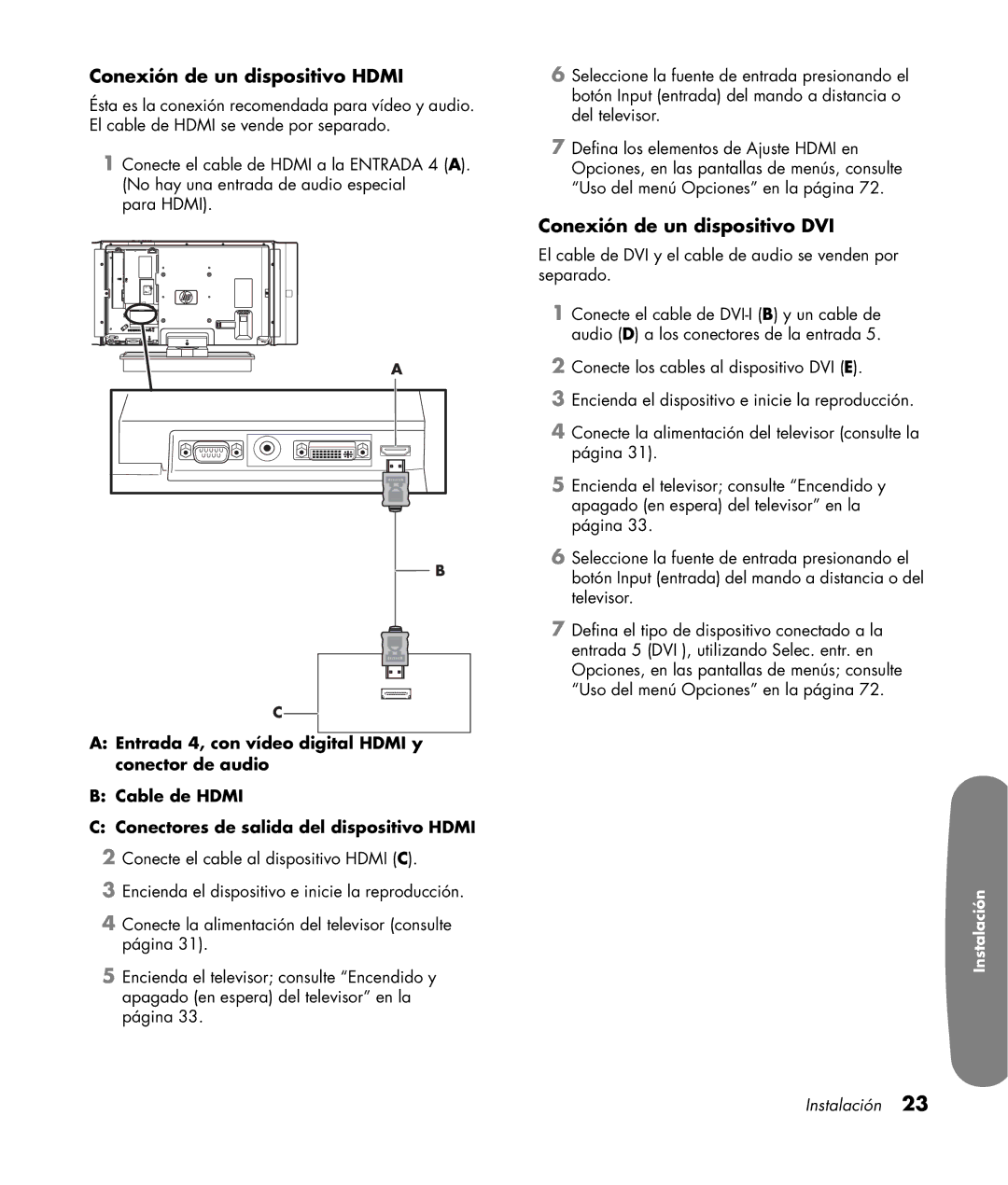 HP LC3200N 32 inch manual Conexión de un dispositivo Hdmi, Conexión de un dispositivo DVI 