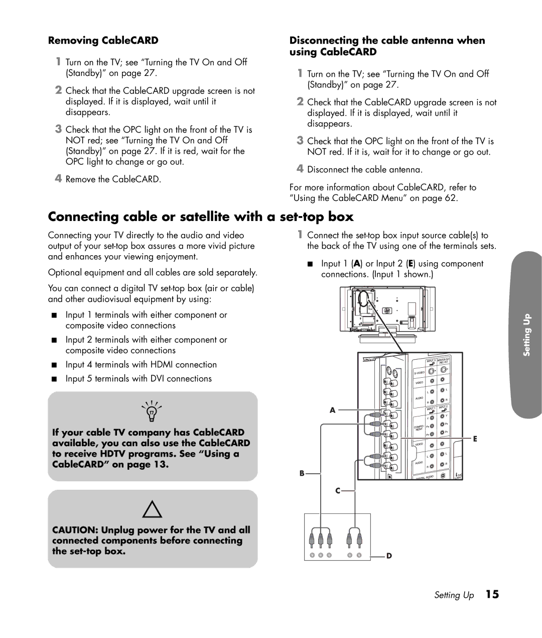 HP LC3200N 32 inch manual Connecting cable or satellite with a set-top box, Removing CableCARD 