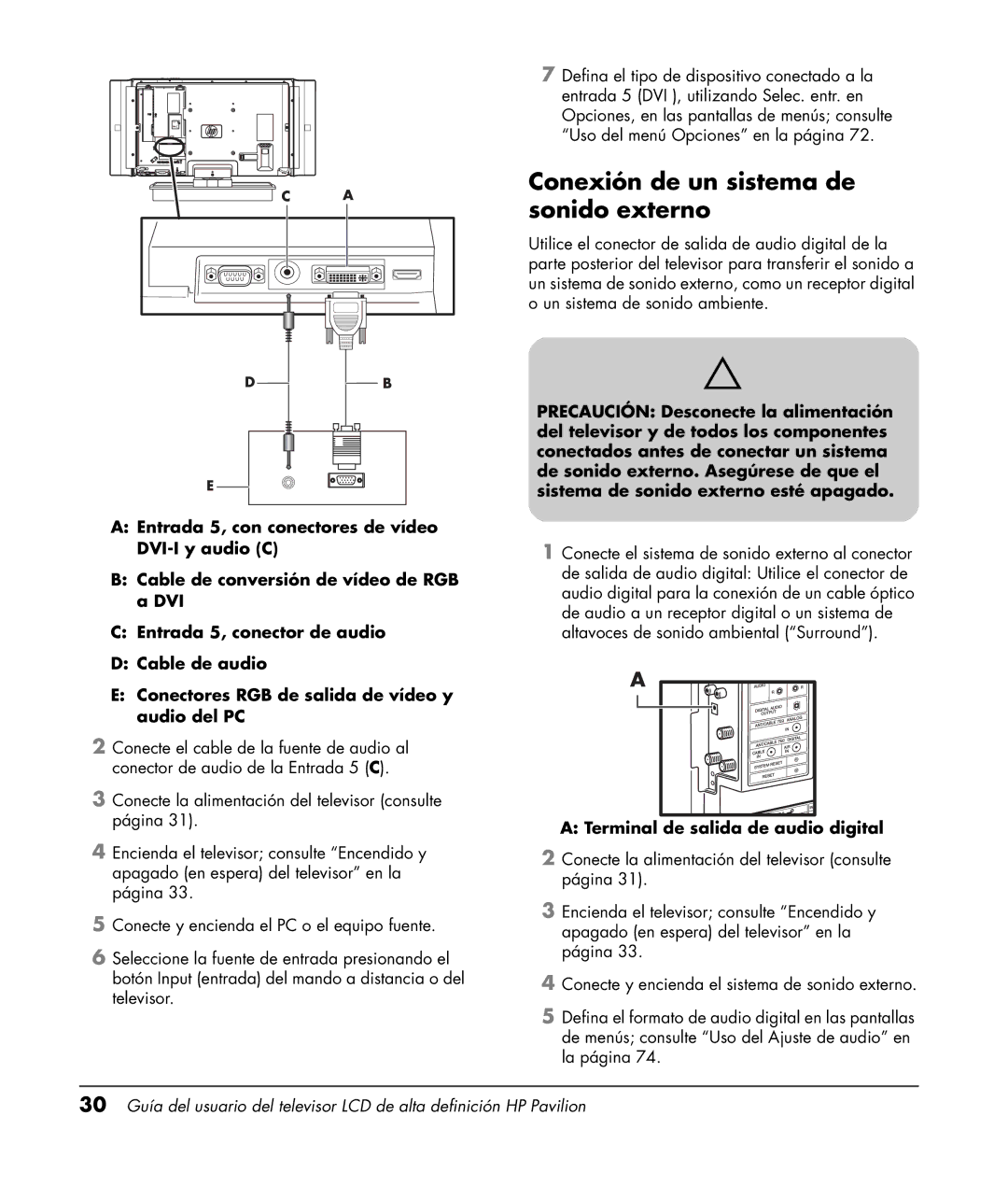 HP LC3200N 32 inch manual Conexión de un sistema de sonido externo, Terminal de salida de audio digital 