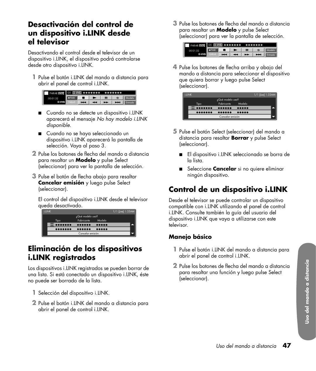 HP LC3200N 32 inch Eliminación de los dispositivos i.LINK registrados, Control de un dispositivo i.LINK, Manejo básico 