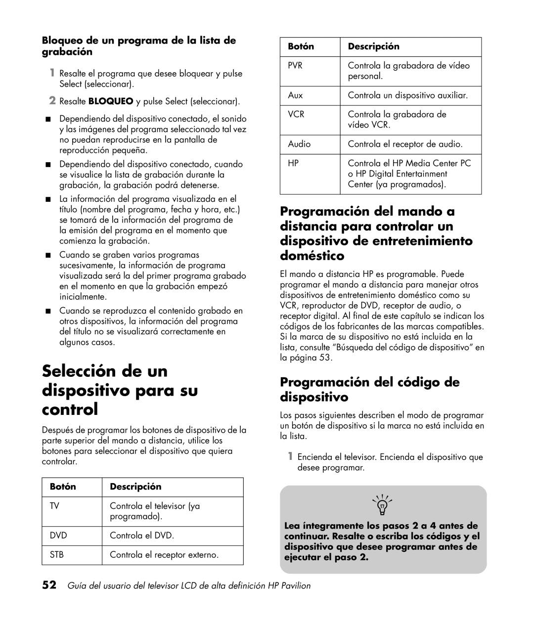 HP LC3200N 32 inch Selección de un dispositivo para su control, Programación del código de dispositivo, Botón Descripción 