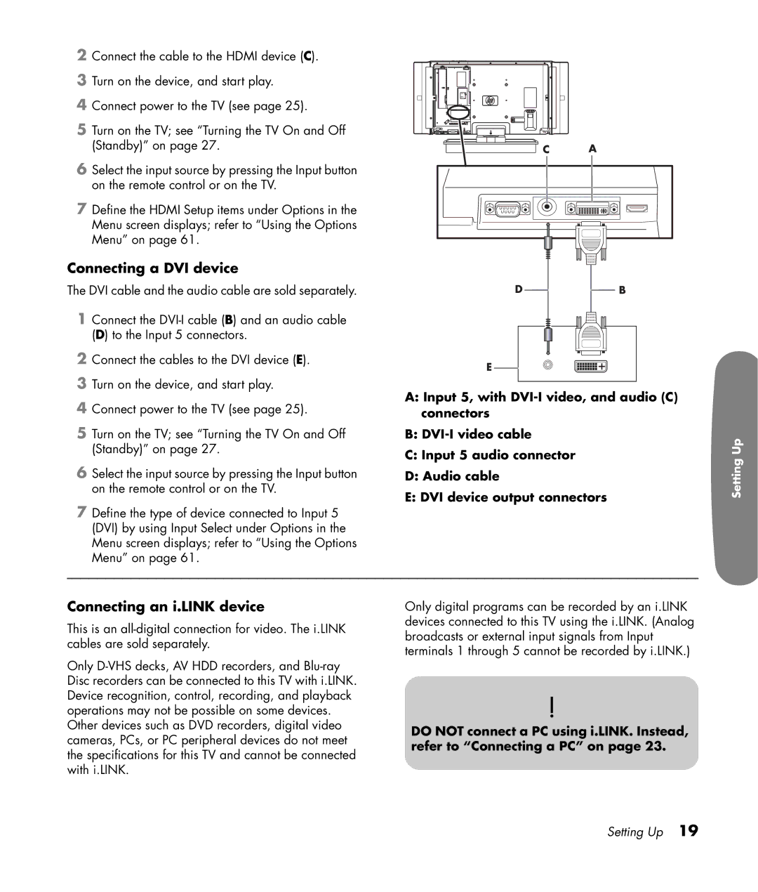 HP LC3200N 32 inch manual Connecting a DVI device, Connecting an i.LINK device 