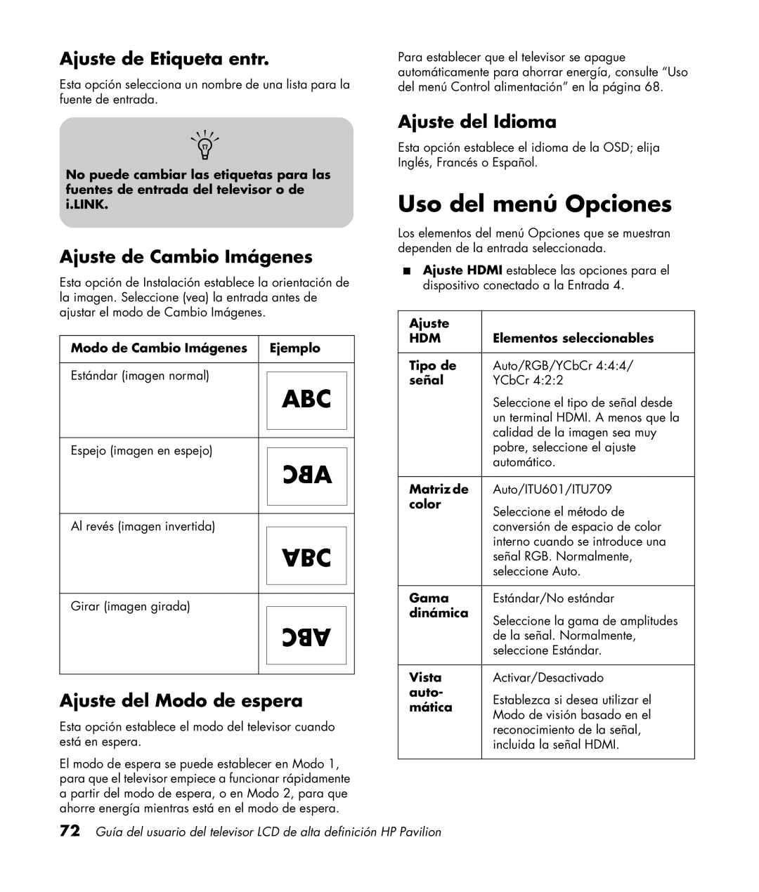 HP LC3200N 32 inch Uso del menú Opciones, Ajuste de Etiqueta entr, Ajuste de Cambio Imágenes, Ajuste del Modo de espera 