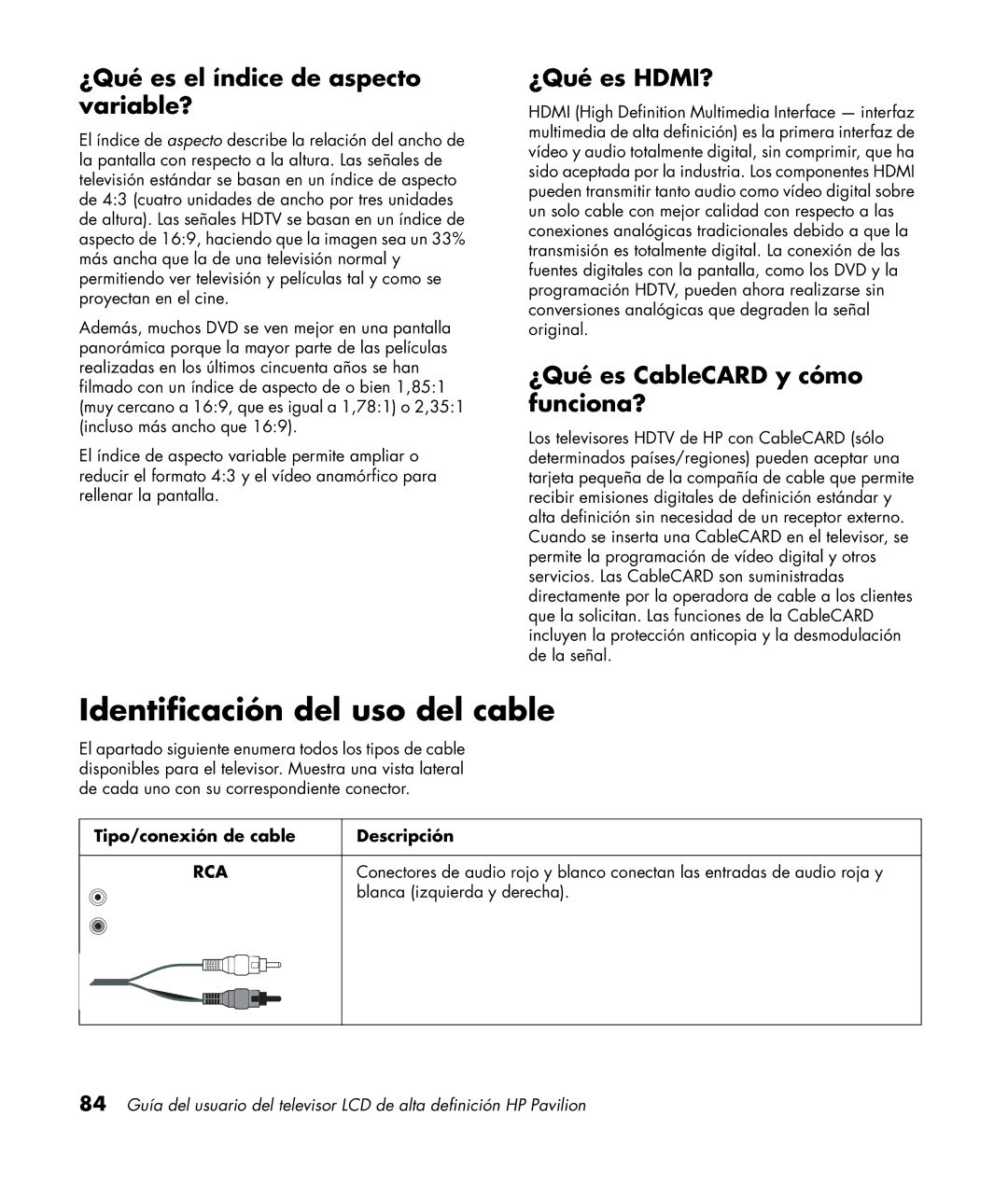 HP LC3200N 32 inch manual Identificación del uso del cable, ¿Qué es el índice de aspecto variable?, ¿Qué es HDMI? 