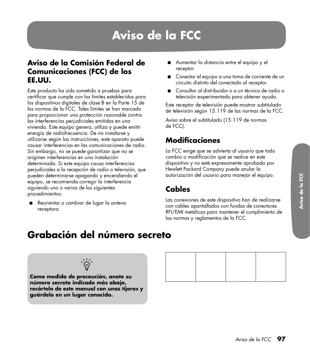 HP LC3200N 32 inch manual Aviso de la FCC, Grabación del número secreto, Modificaciones 