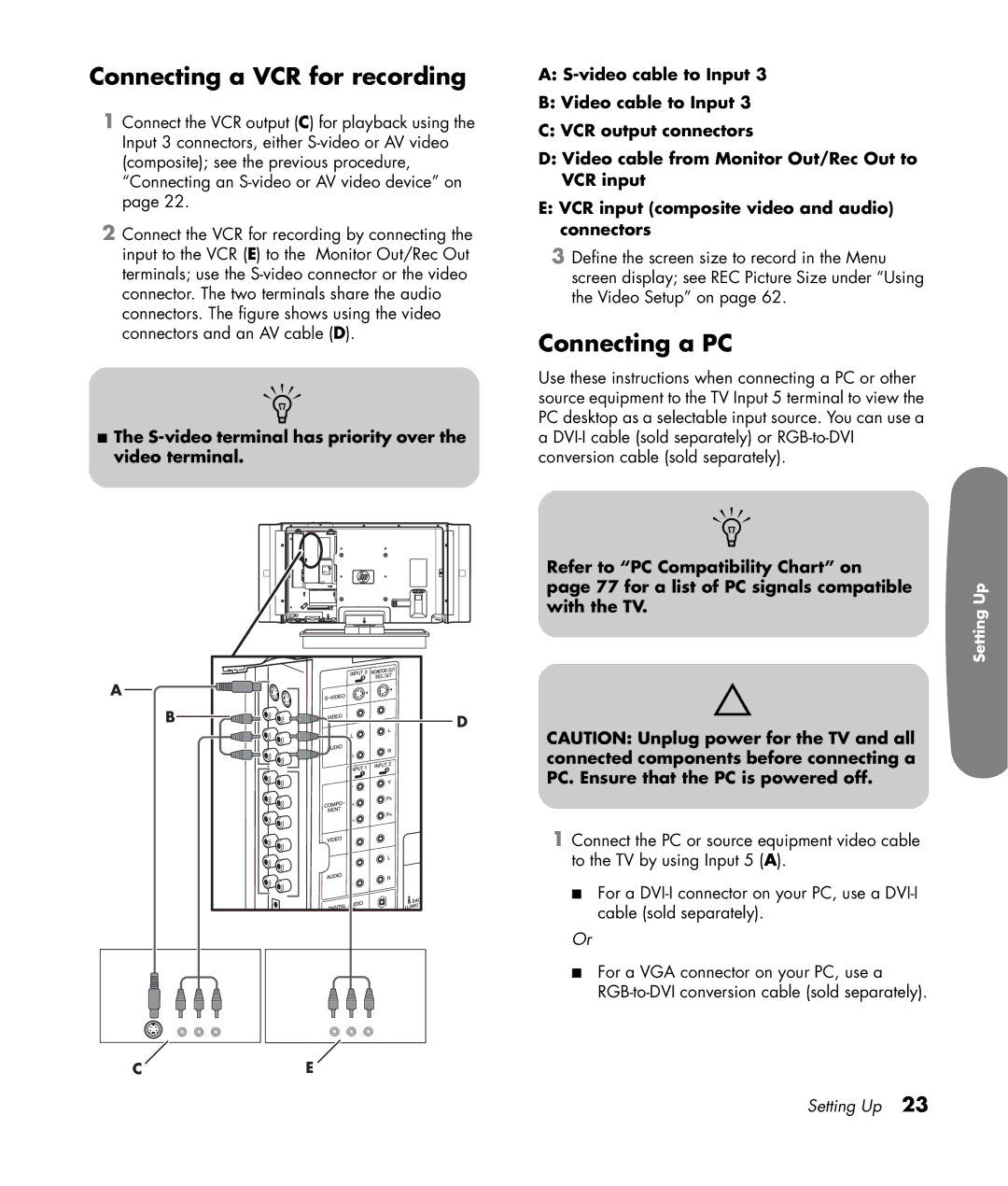 HP LC3200N 32 inch manual Connecting a VCR for recording, Connecting a PC 