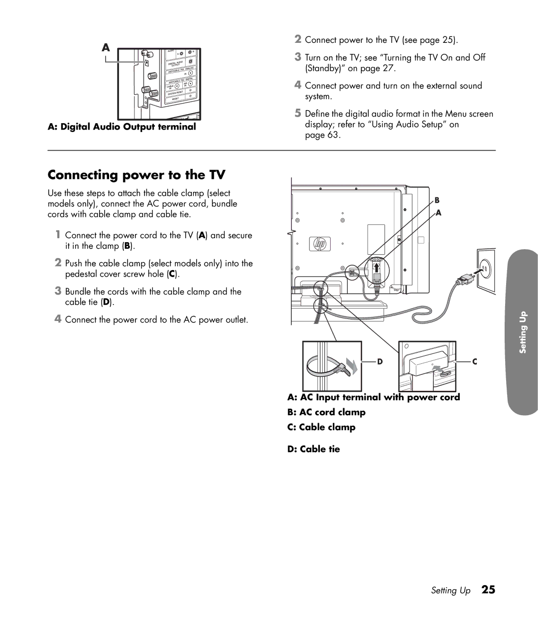 HP LC3200N 32 inch manual Connecting power to the TV, Digital Audio Output terminal 