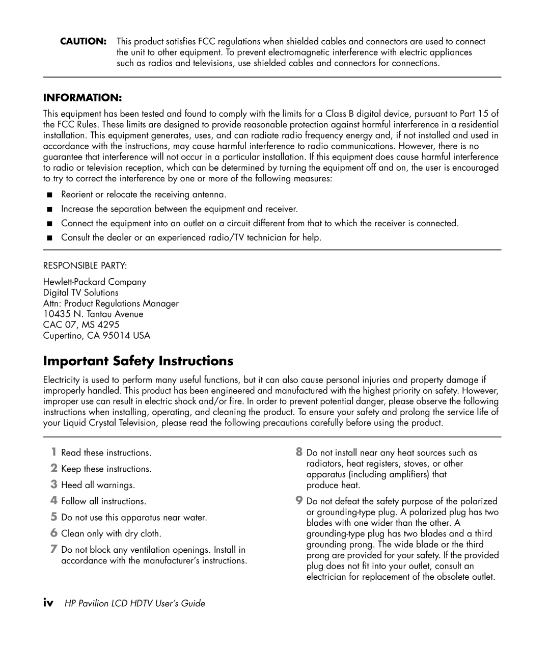 HP LC3200N 32 inch manual Important Safety Instructions, Information 