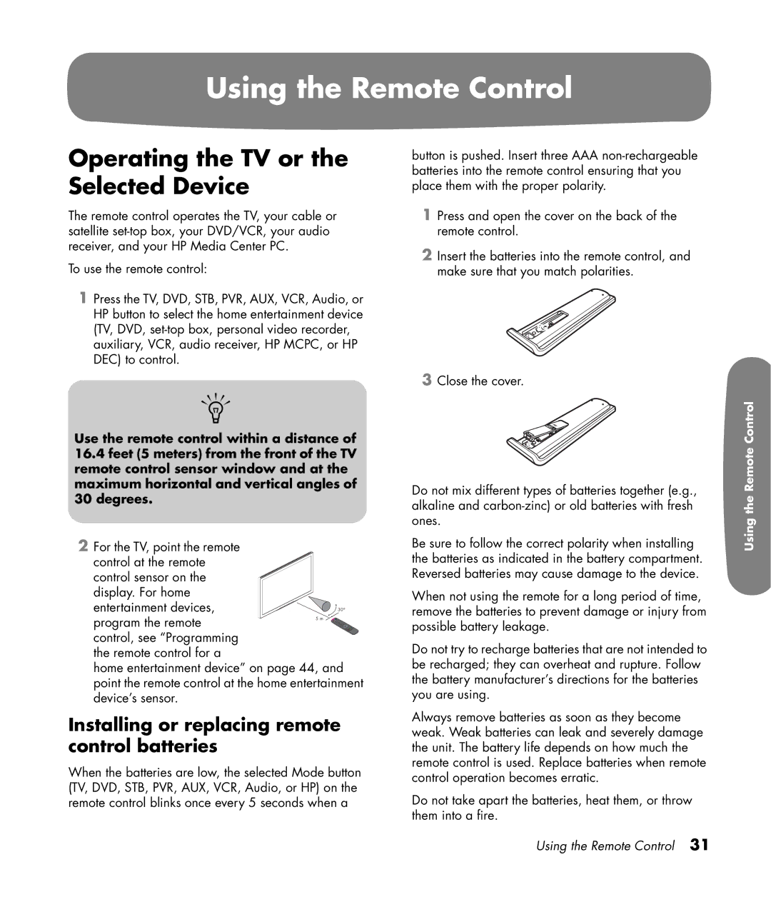 HP LC3200N 32 inch manual Using the Remote Control, Operating the TV or the Selected Device 